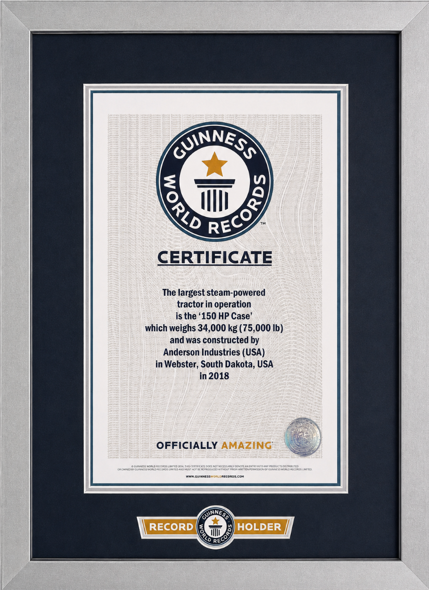 Guinness World Records Certificate — Largest Steam-Powered Tractor in Operation, 150 HP Case, Anderson Industries, 2022